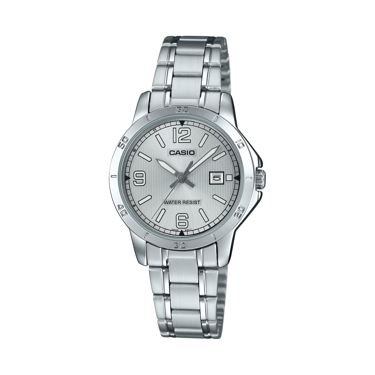 Silver Casio watch on a white background