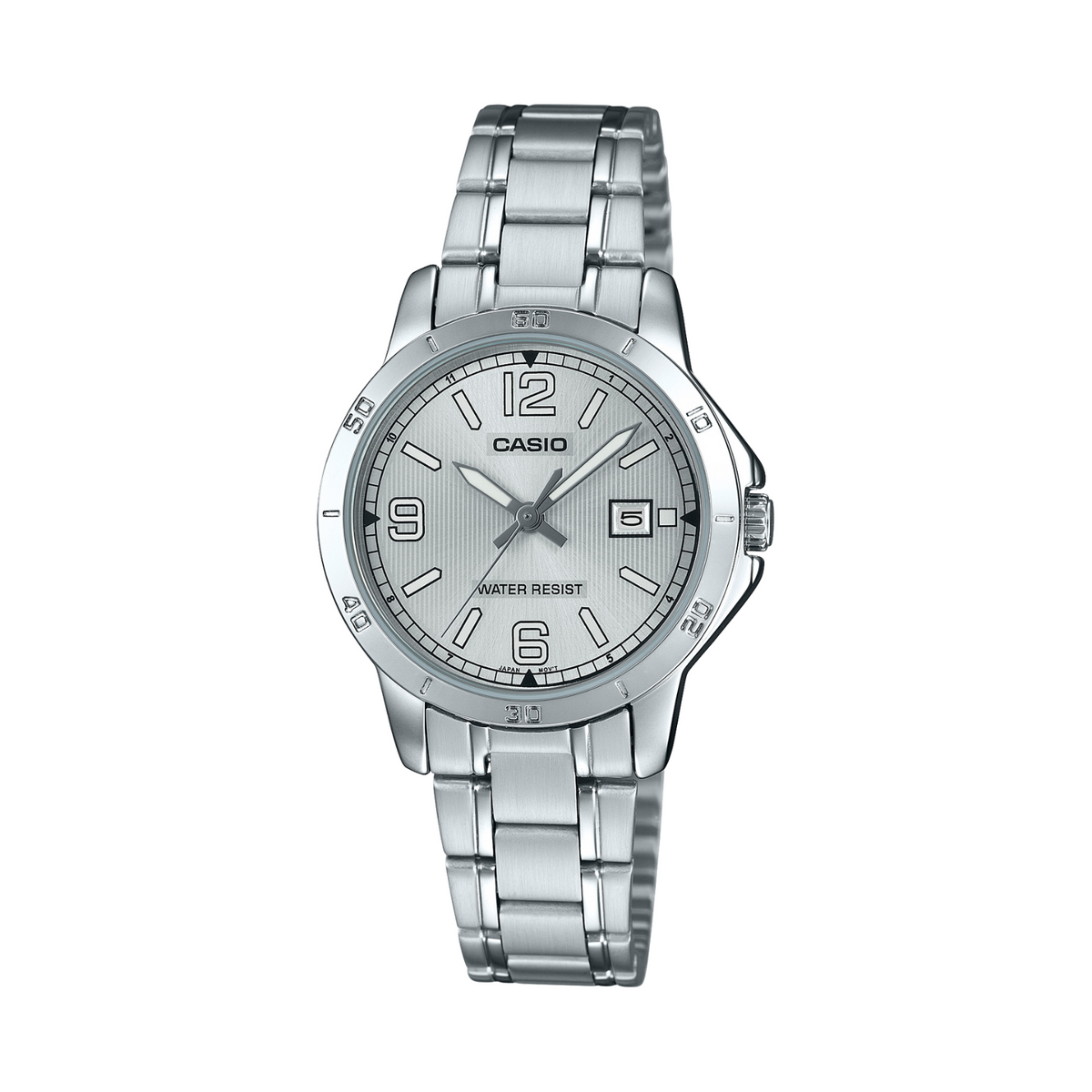 Silver Casio watch on a white background