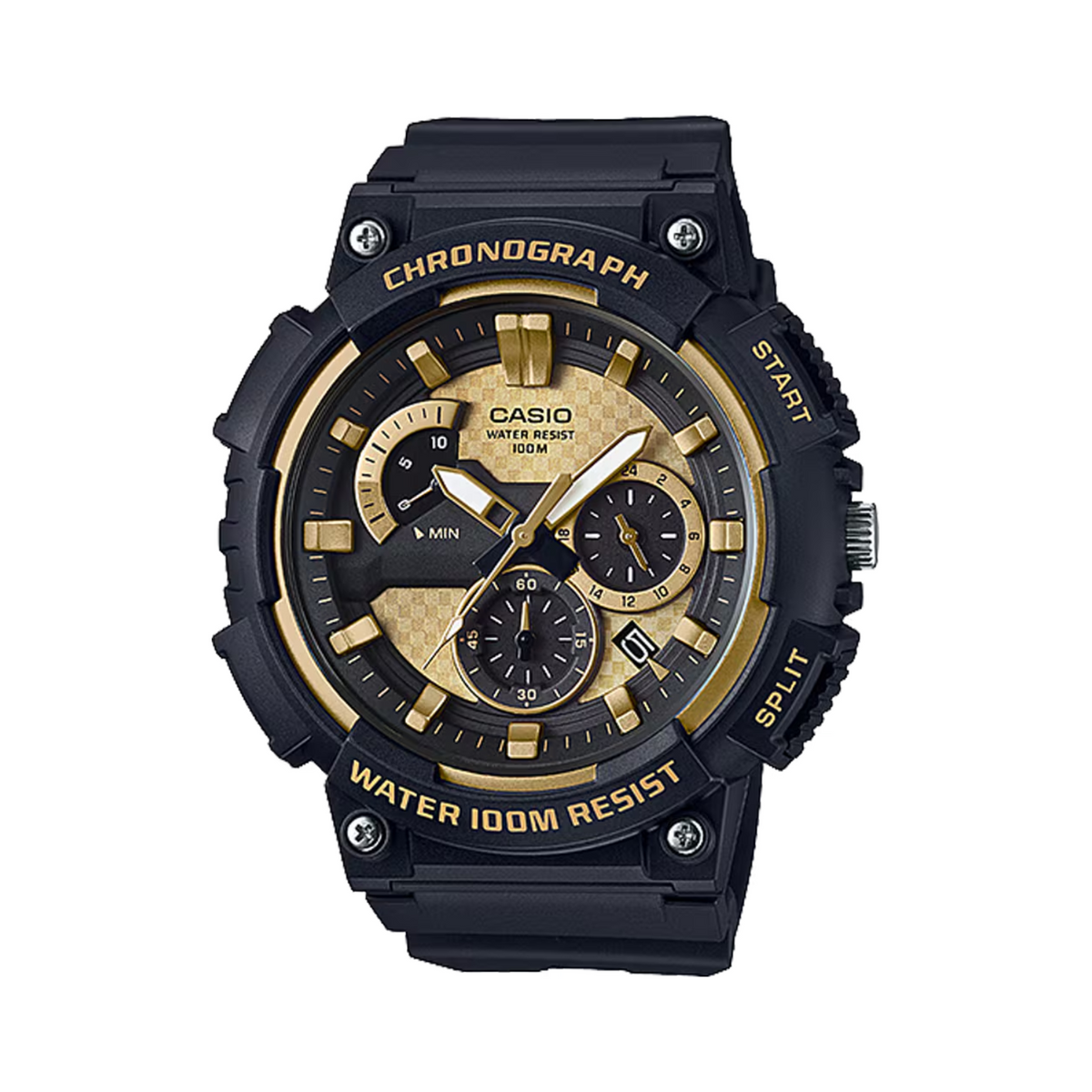 Black and gold Casio watch with chronograph features on a white background