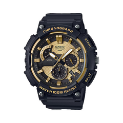 Black and gold Casio watch with chronograph features on a white background