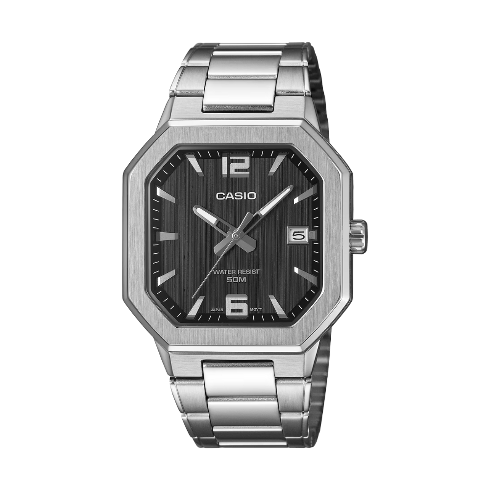 Casio watch with silver metal strap and black dial on a white background