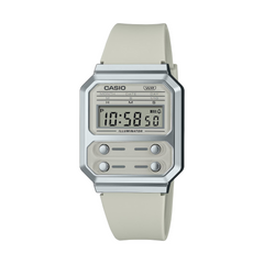 Casio digital watch with beige strap on a white background