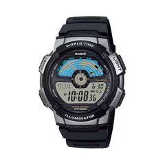 Casio digital watch with black strap on a white background