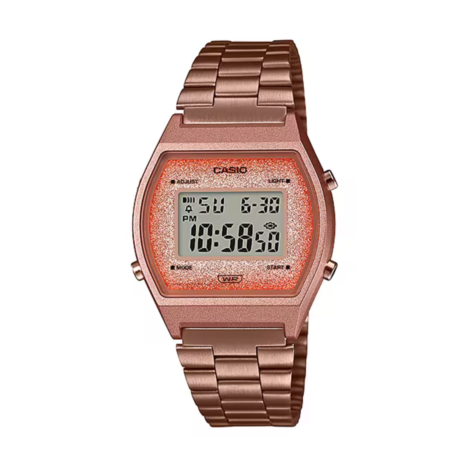 Rose gold digital watch with a metallic band on a white background