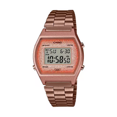 Rose gold digital watch with a metallic band on a white background