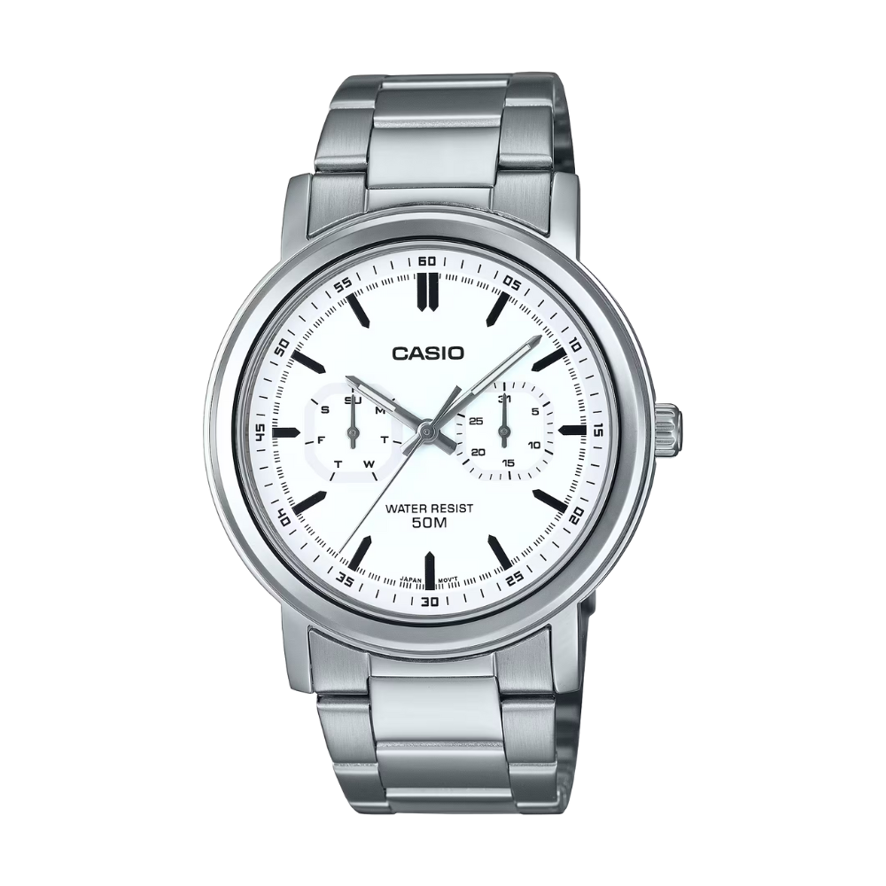 Silver Casio watch with a white face on a white background