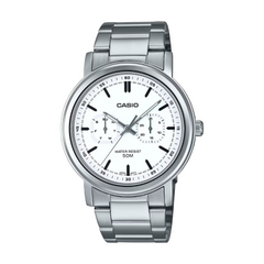 Silver Casio watch with a white face on a white background