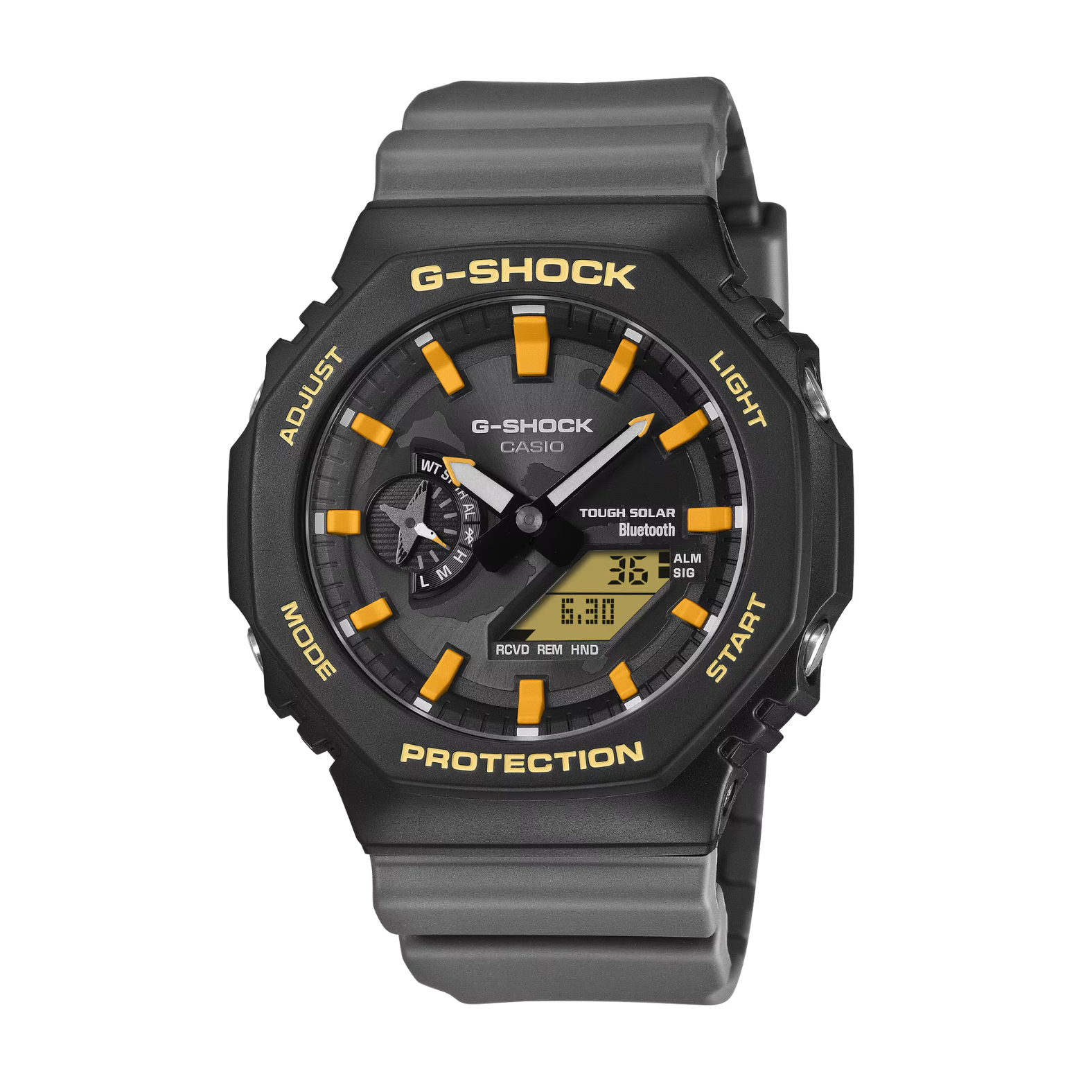 G-Shock watch with black and gray strap and yellow accents on a white background