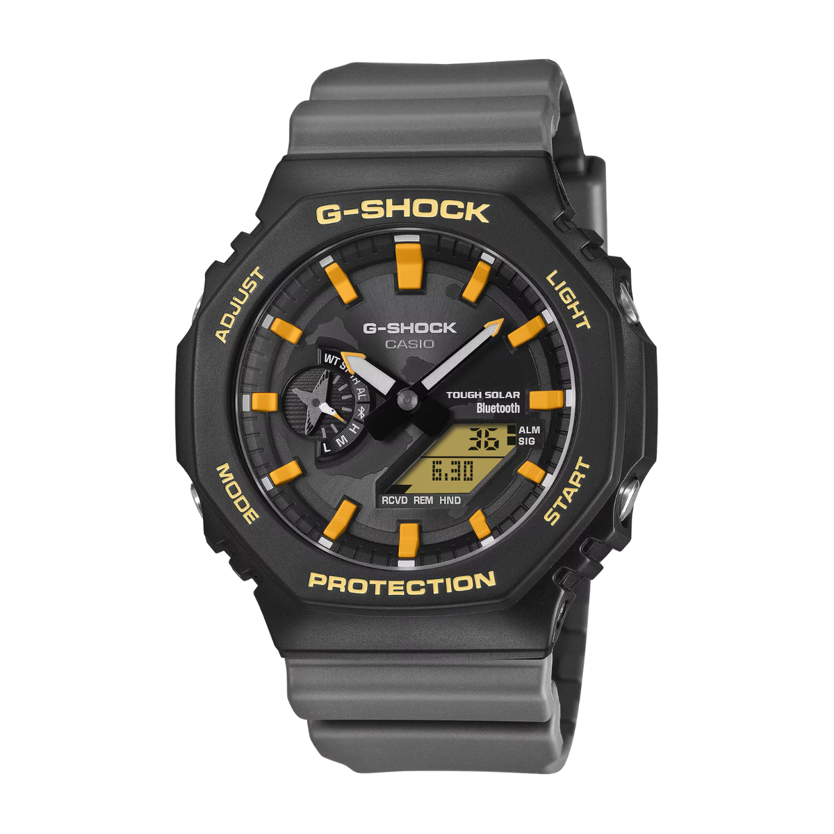 G-Shock watch with black and gray strap and yellow accents on a white background