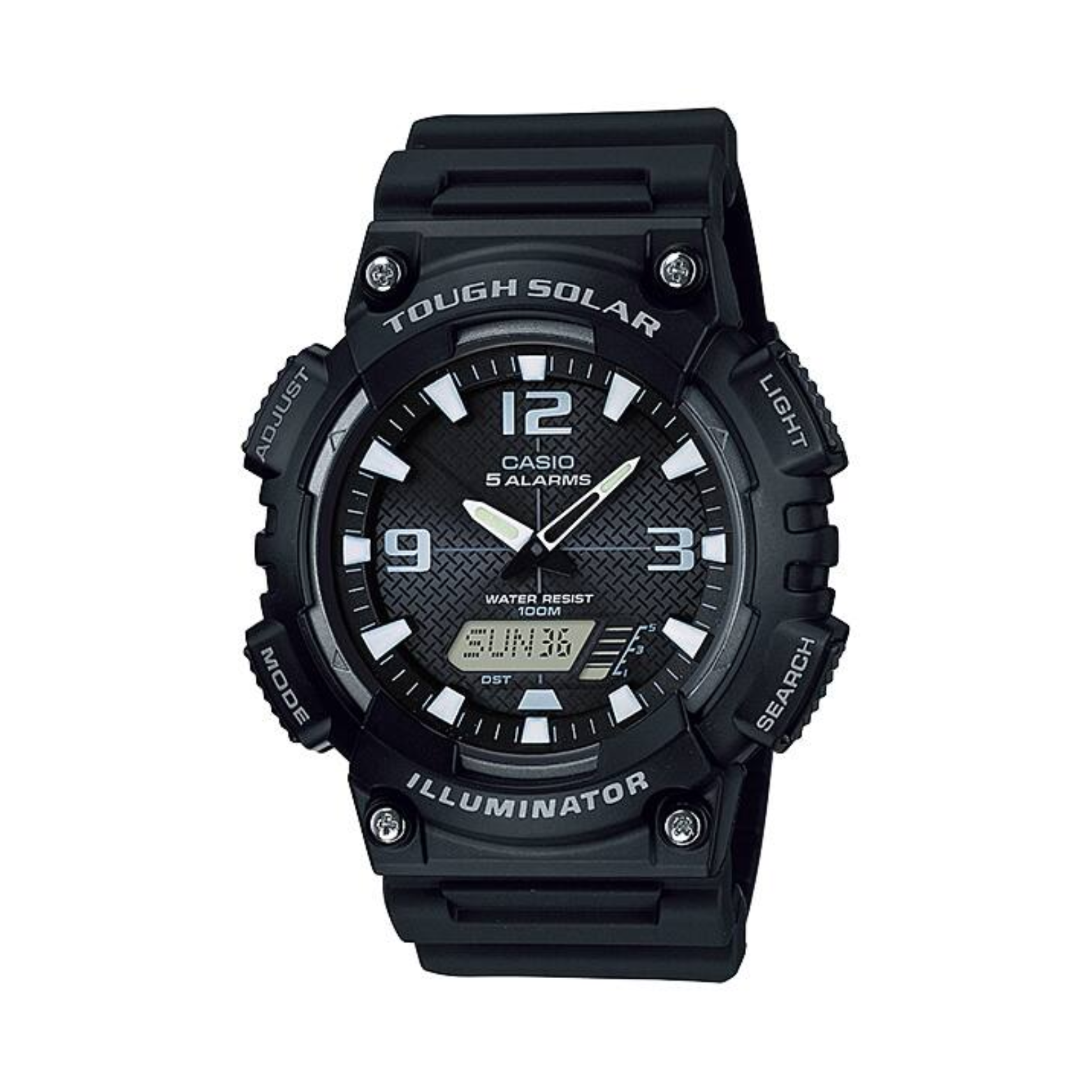 Black Casio watch with digital and analog display on a white background