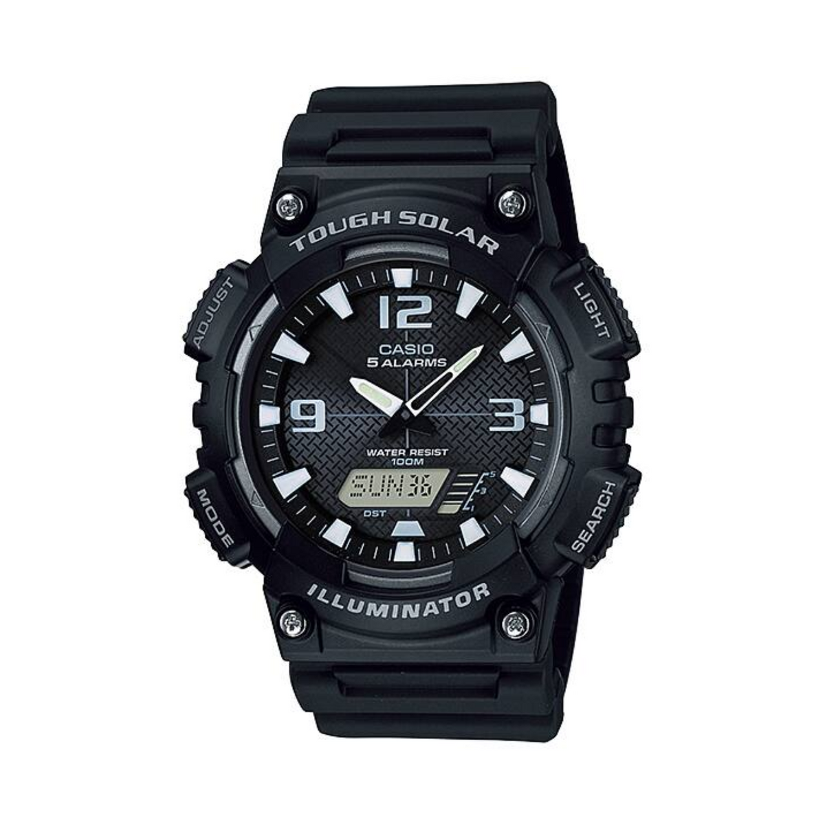 Black Casio watch with digital and analog display on a white background