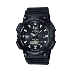 Black Casio watch with digital and analog display on a white background