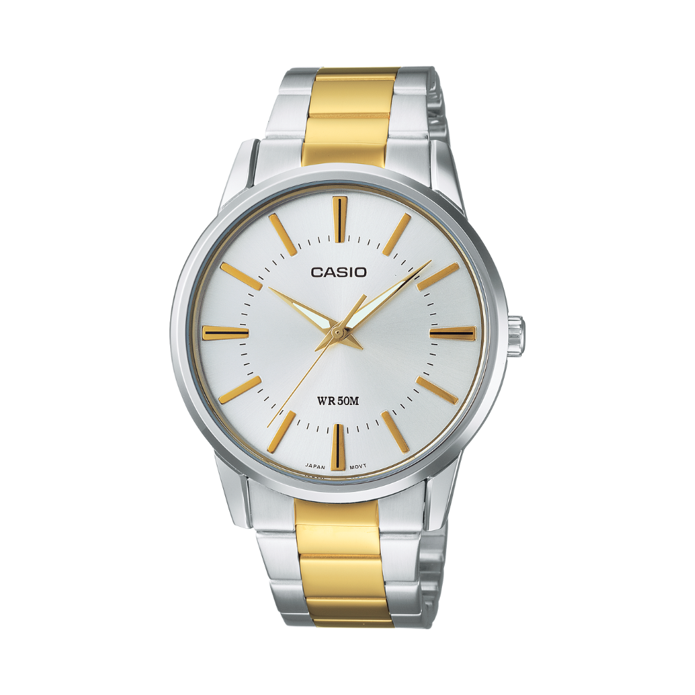 Casio watch with silver and gold band on a white background