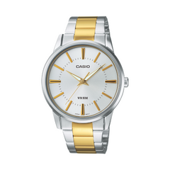 Casio watch with silver and gold band on a white background