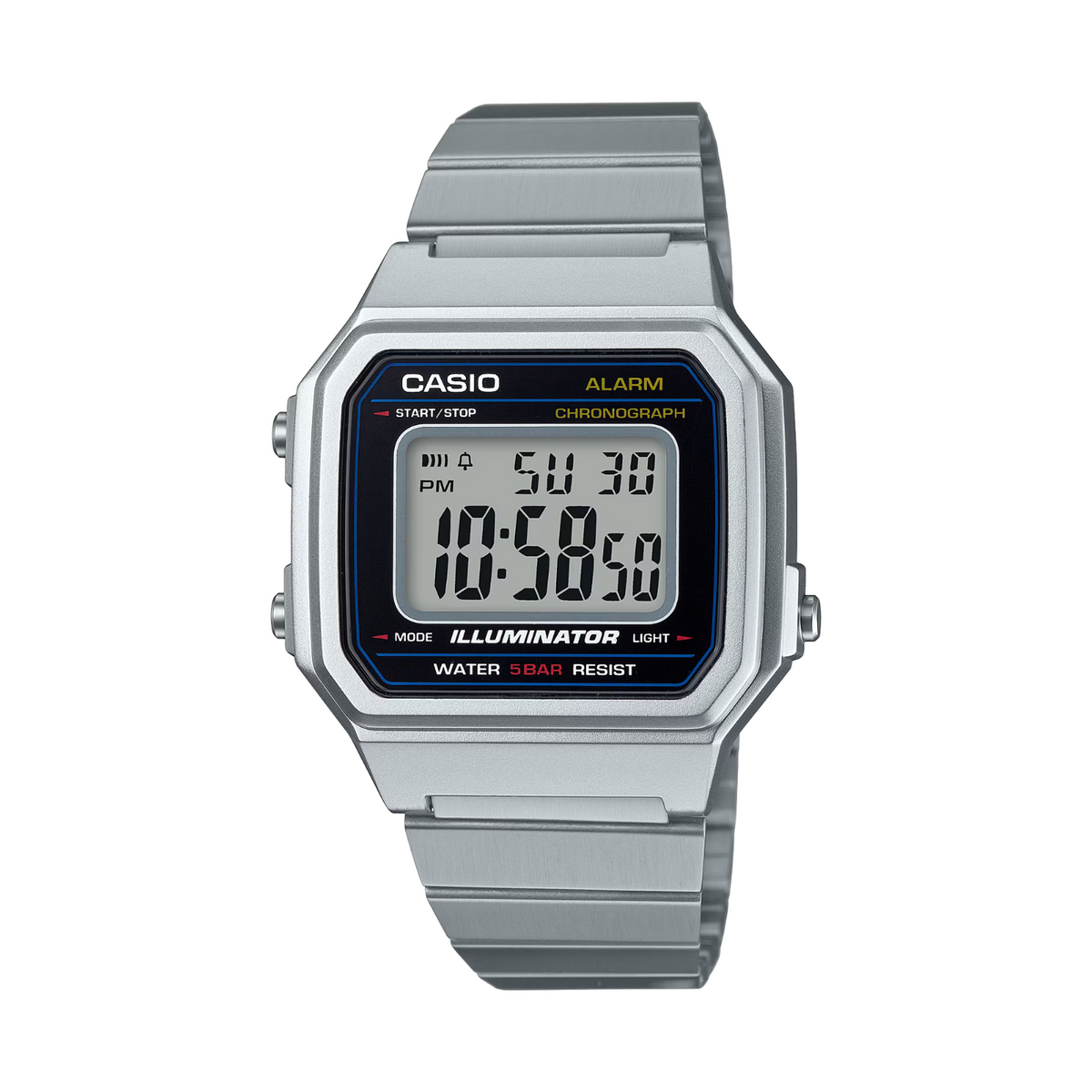 Casio digital watch with a silver strap on a white background