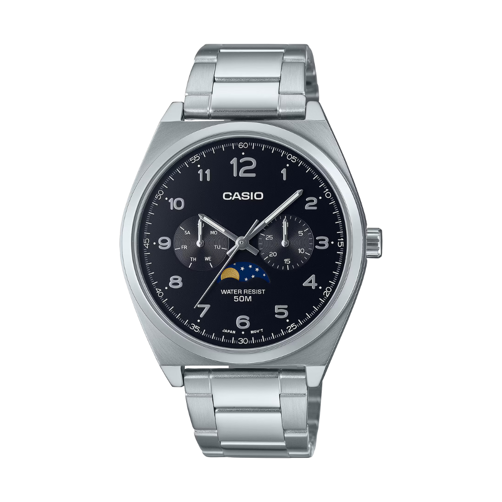 Casio watch with silver strap and black dial on a white background