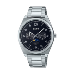 Casio watch with silver strap and black dial on a white background