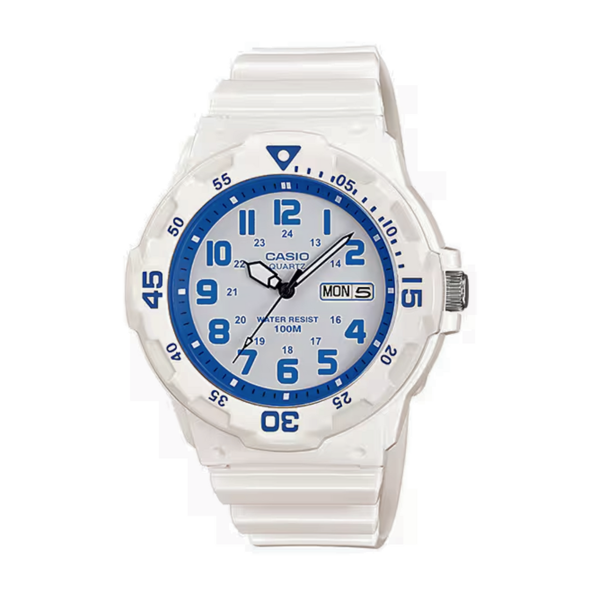 White Casio watch with blue accents on a white background