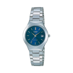 Casio watch with blue dial and silver metal strap on a white background