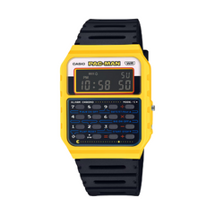 Yellow and black Casio digital watch with Pac-Man design on a white background