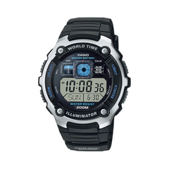 Digital watch with black strap and silver casing on a white background