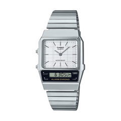 Silver Casio watch with digital display on a white background