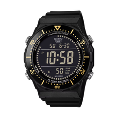 Black Casio digital watch with yellow accents on a white background