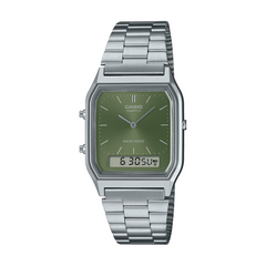 Casio watch with silver metal strap and green face on a white background