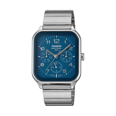 Casio watch with blue face and silver band on a white background