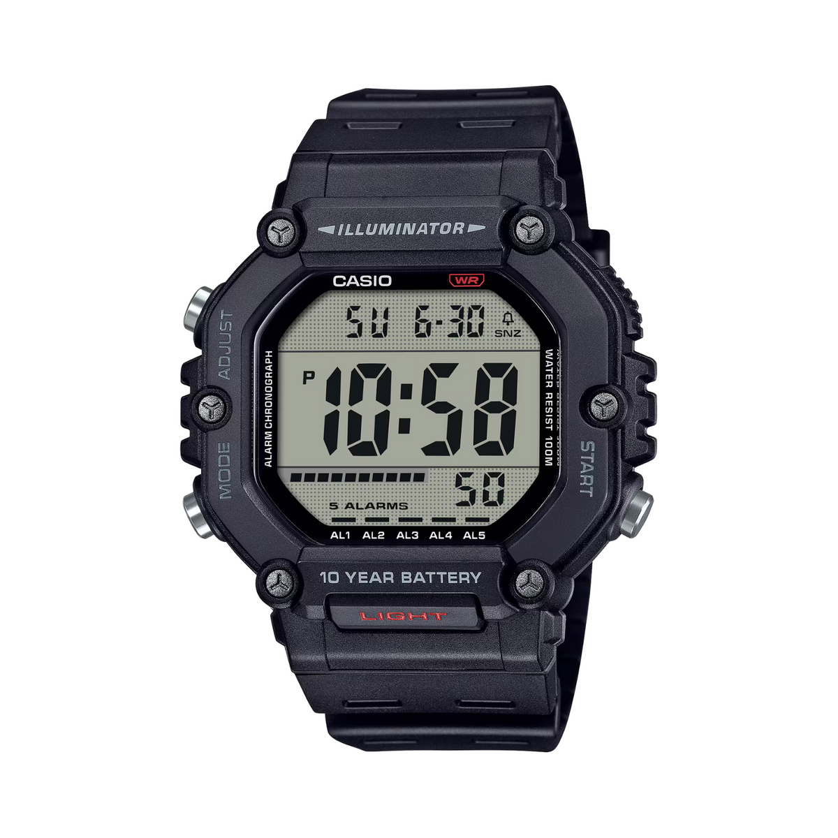 Black Casio digital watch on a white background