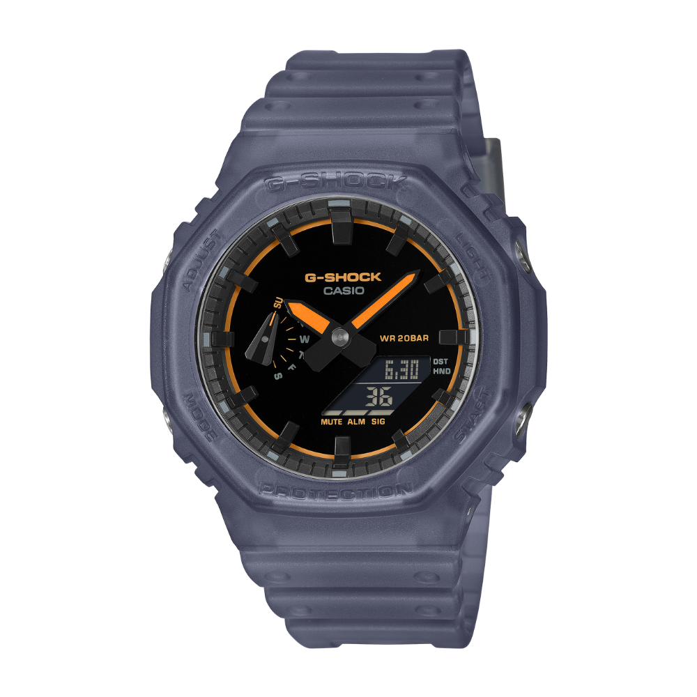 G-Shock Casio watch with blue strap and orange accents on a white background