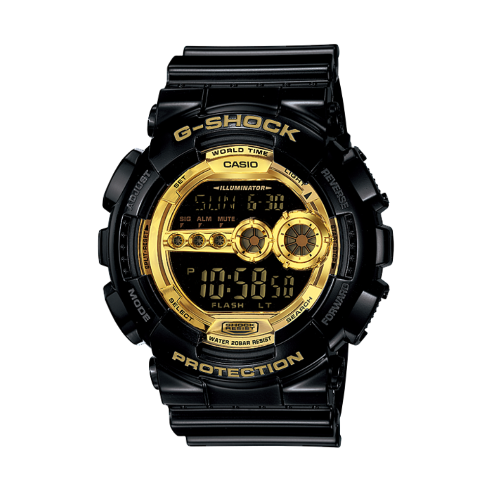 Black and gold Casio G-Shock watch on a white background