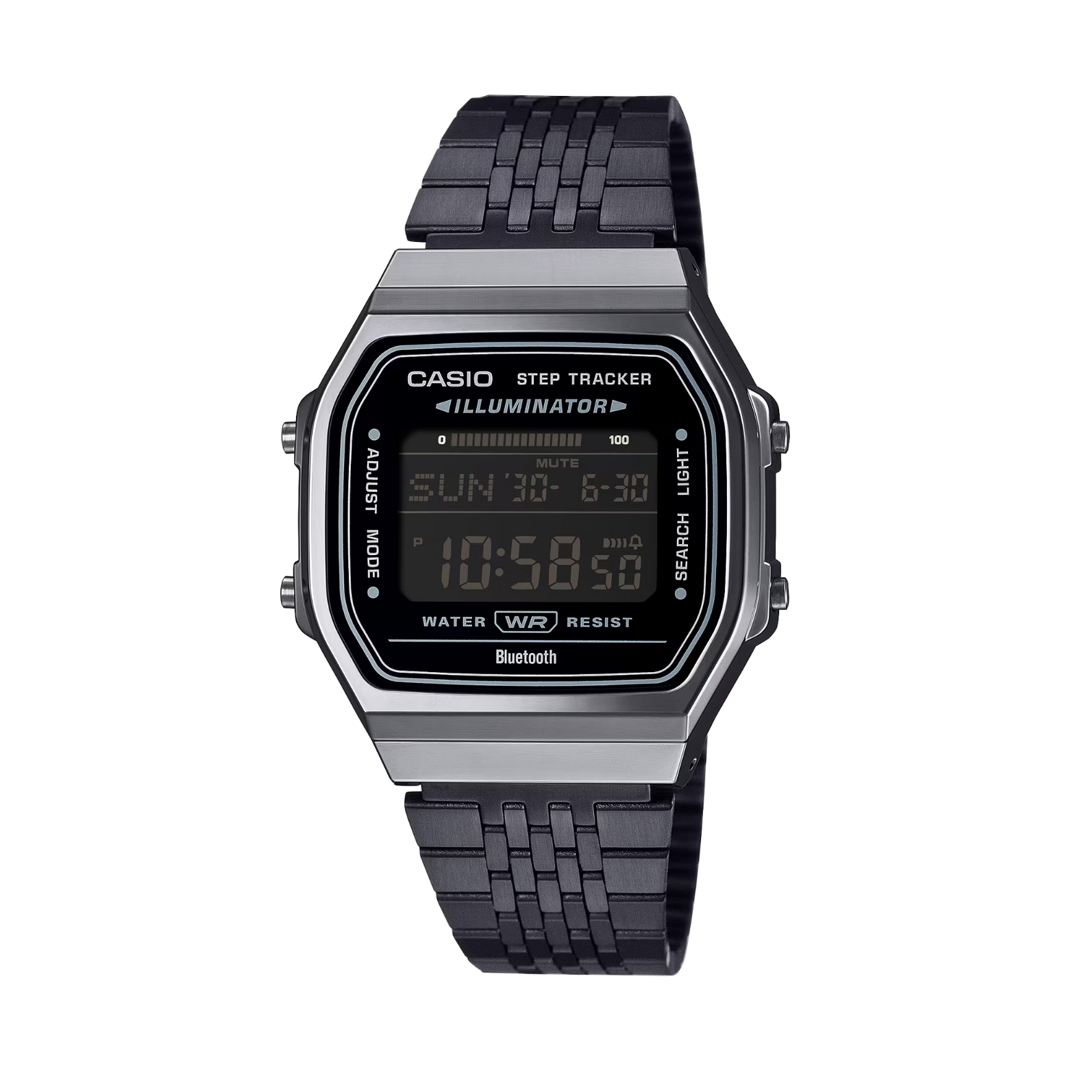 Casio digital watch with black strap on a white background