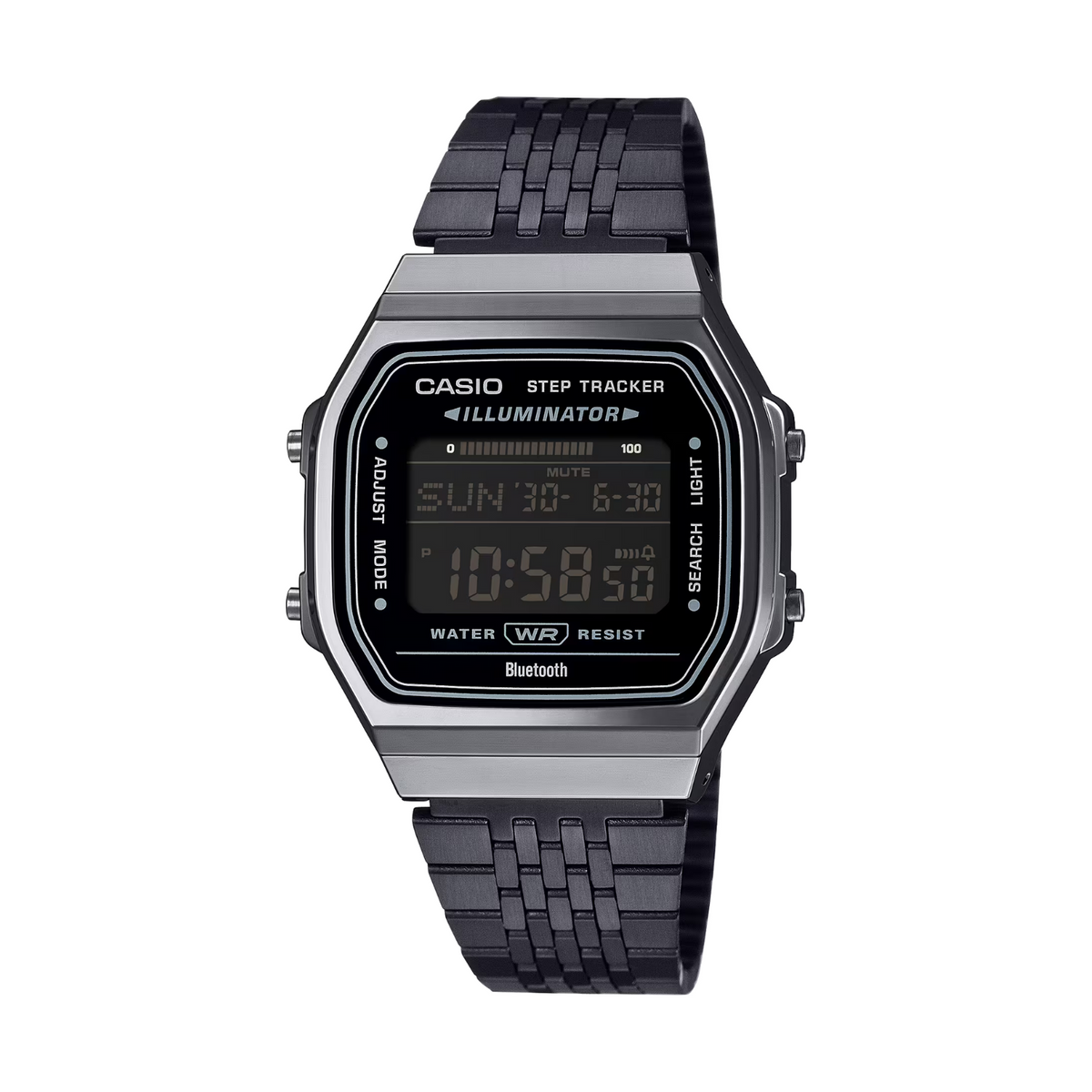 Casio digital watch with black strap on a white background
