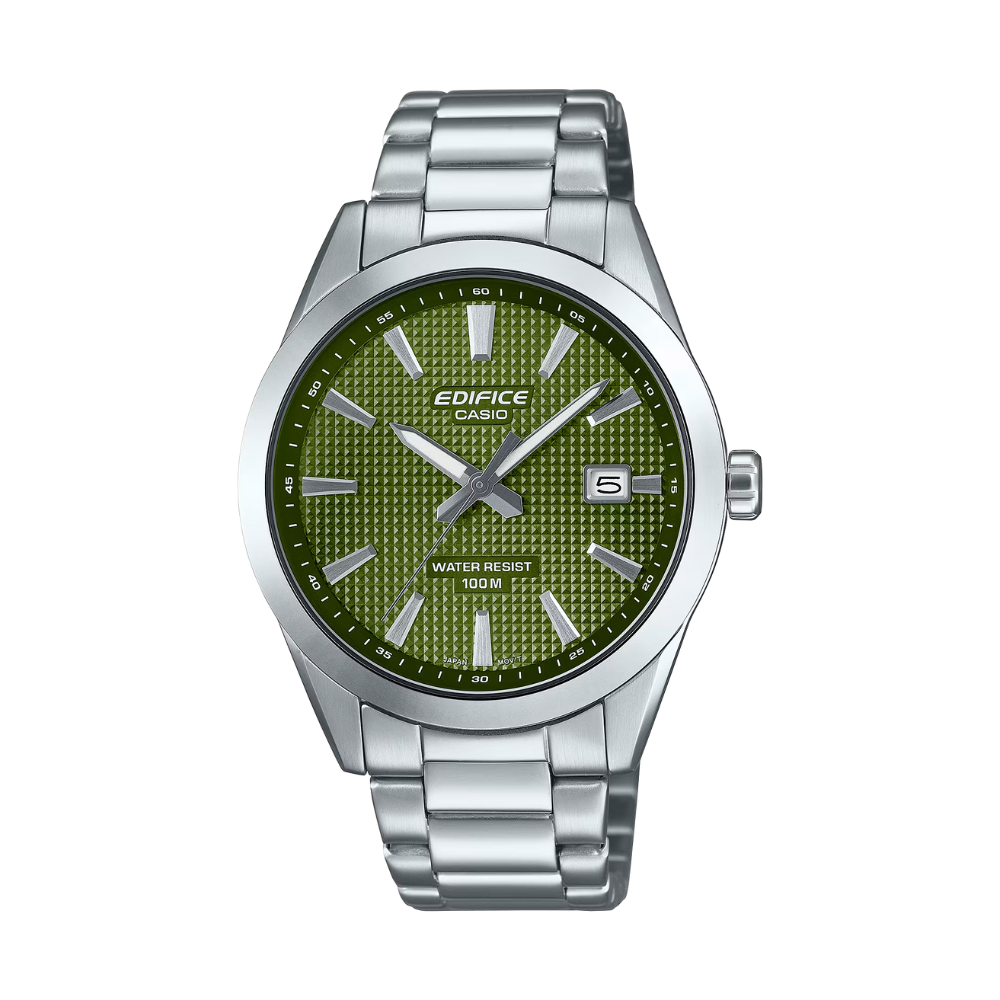 Casio Edifice watch with green face and silver strap on a white background
