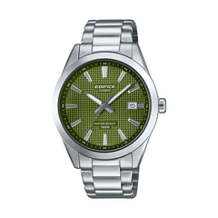 Casio Edifice watch with green face and silver strap on a white background