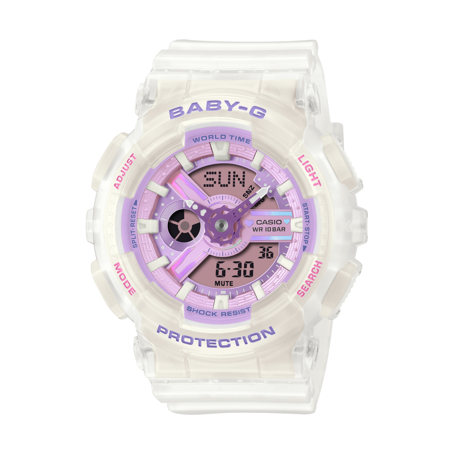 White and purple Casio Baby-G watch on a white background