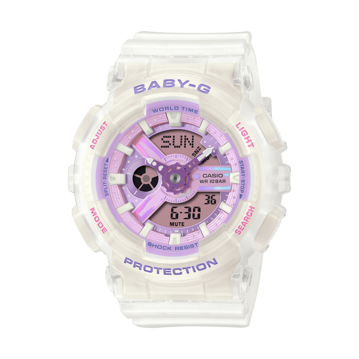 White and purple Casio Baby-G watch on a white background