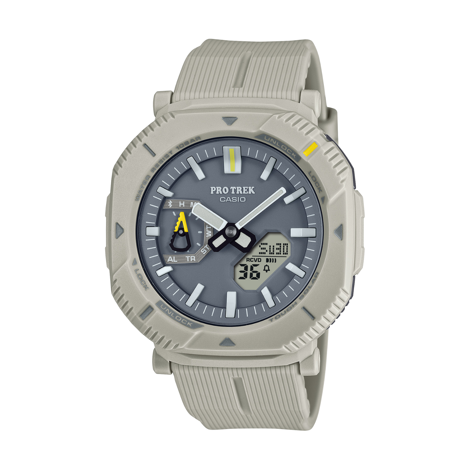 Casio Pro Trek watch with gray strap and gray dial on a white background
