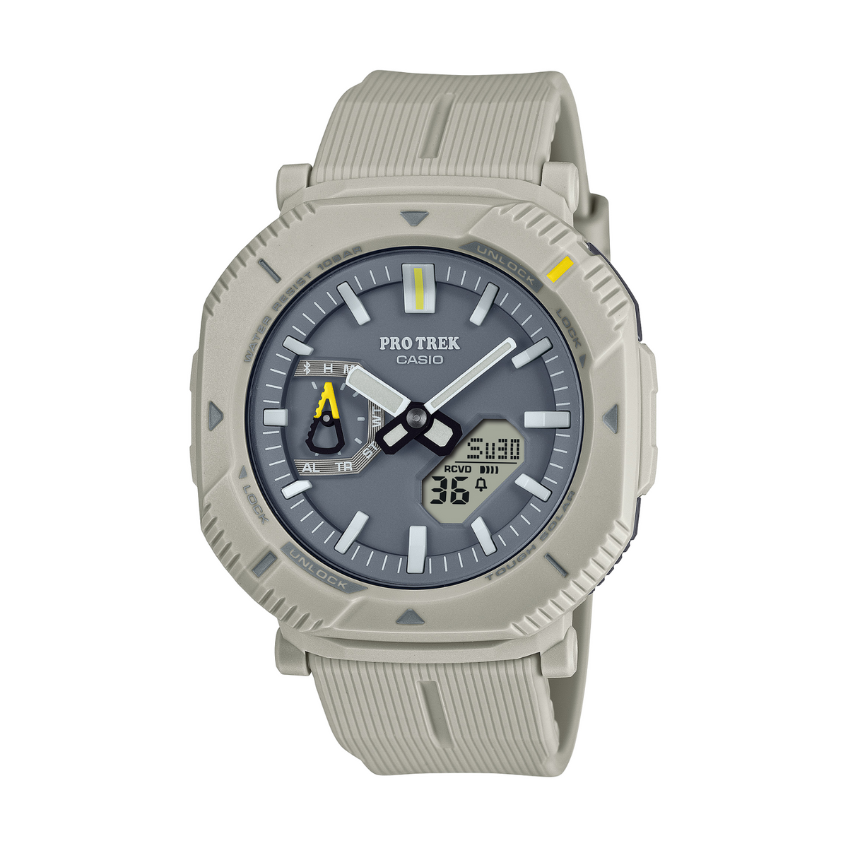 Casio Pro Trek watch with gray strap and gray dial on a white background