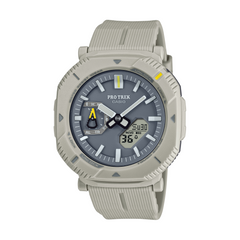 Casio Pro Trek watch with gray strap and gray dial on a white background