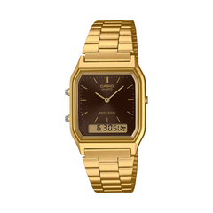 Gold Casio watch with a brown face on a white background