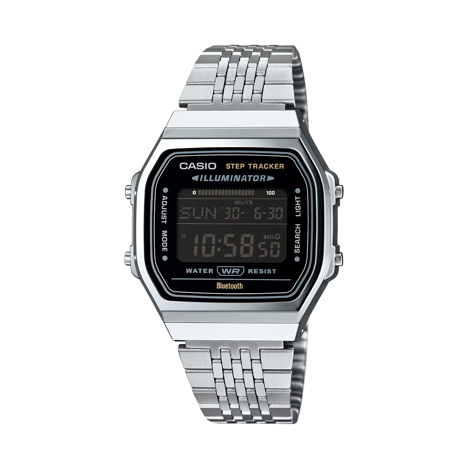 Silver Casio digital watch with metal band on a white background