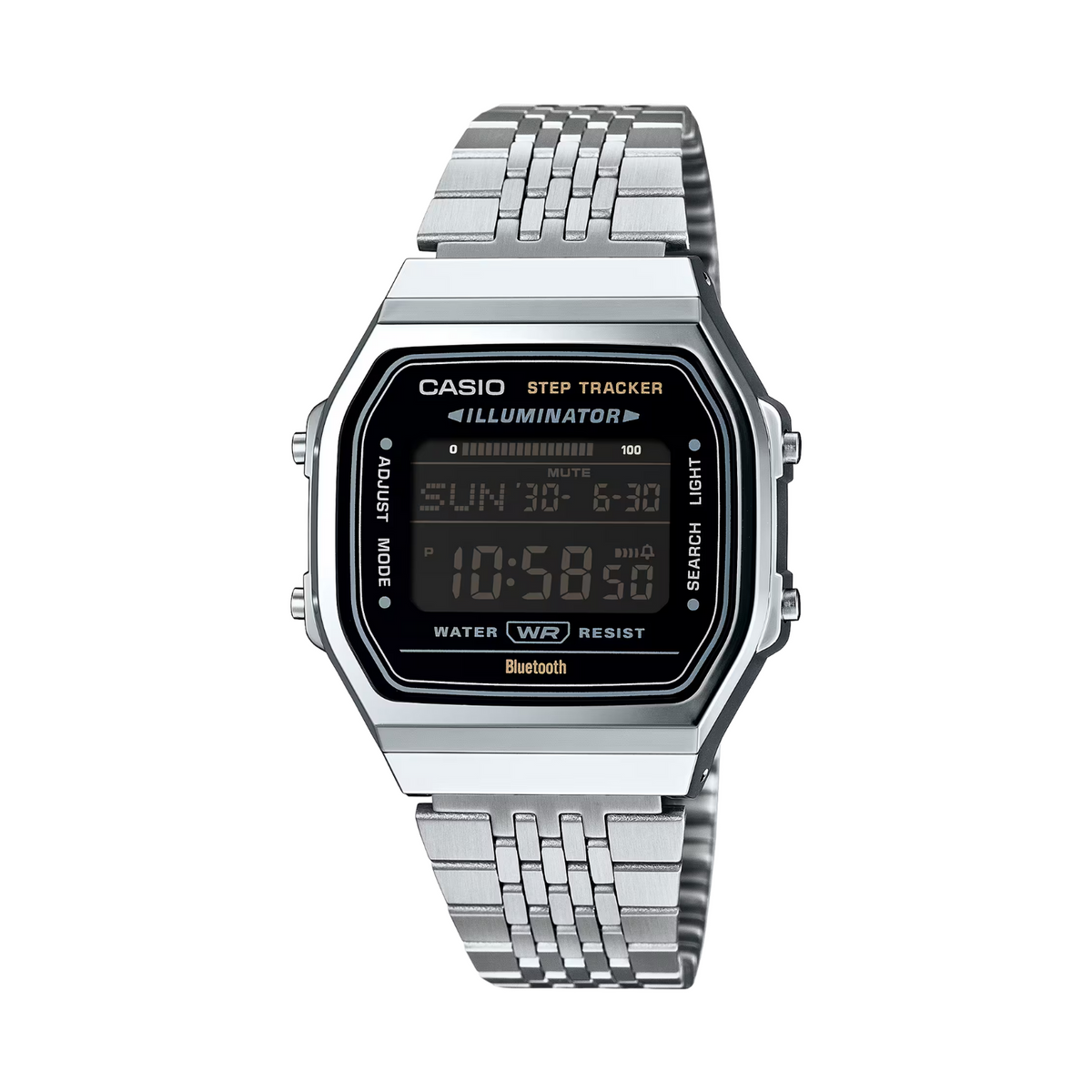 Silver Casio digital watch with metal band on a white background