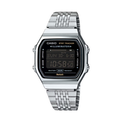 Silver Casio digital watch with metal band on a white background