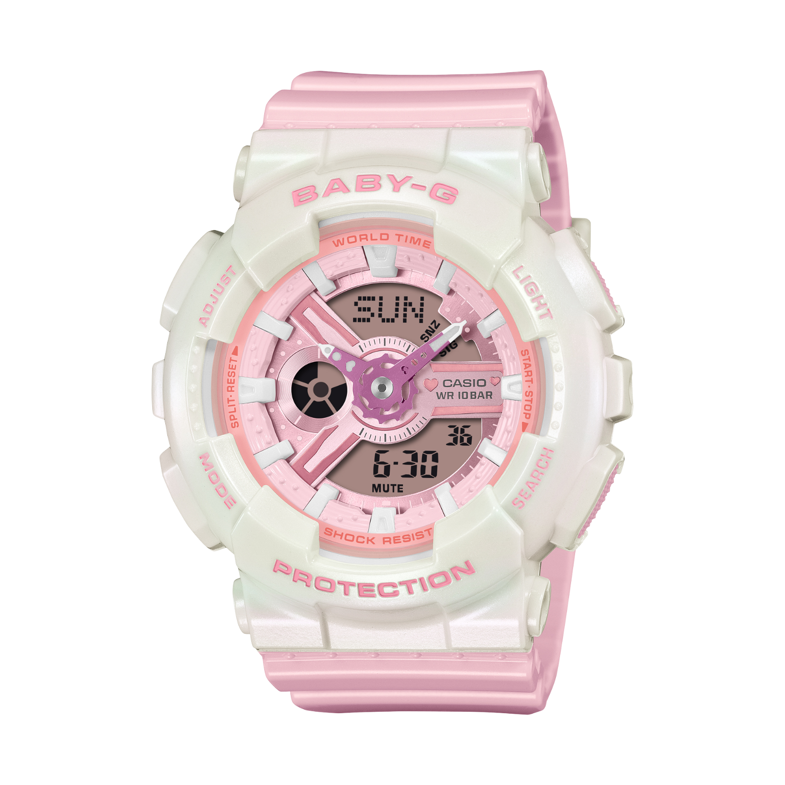Pink and white Casio Baby-G watch on a white background
