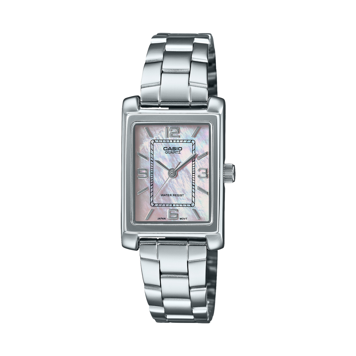 Silver Casio watch with a square face on a white background