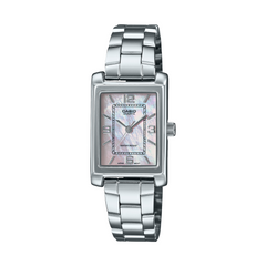 Silver Casio watch with a square face on a white background