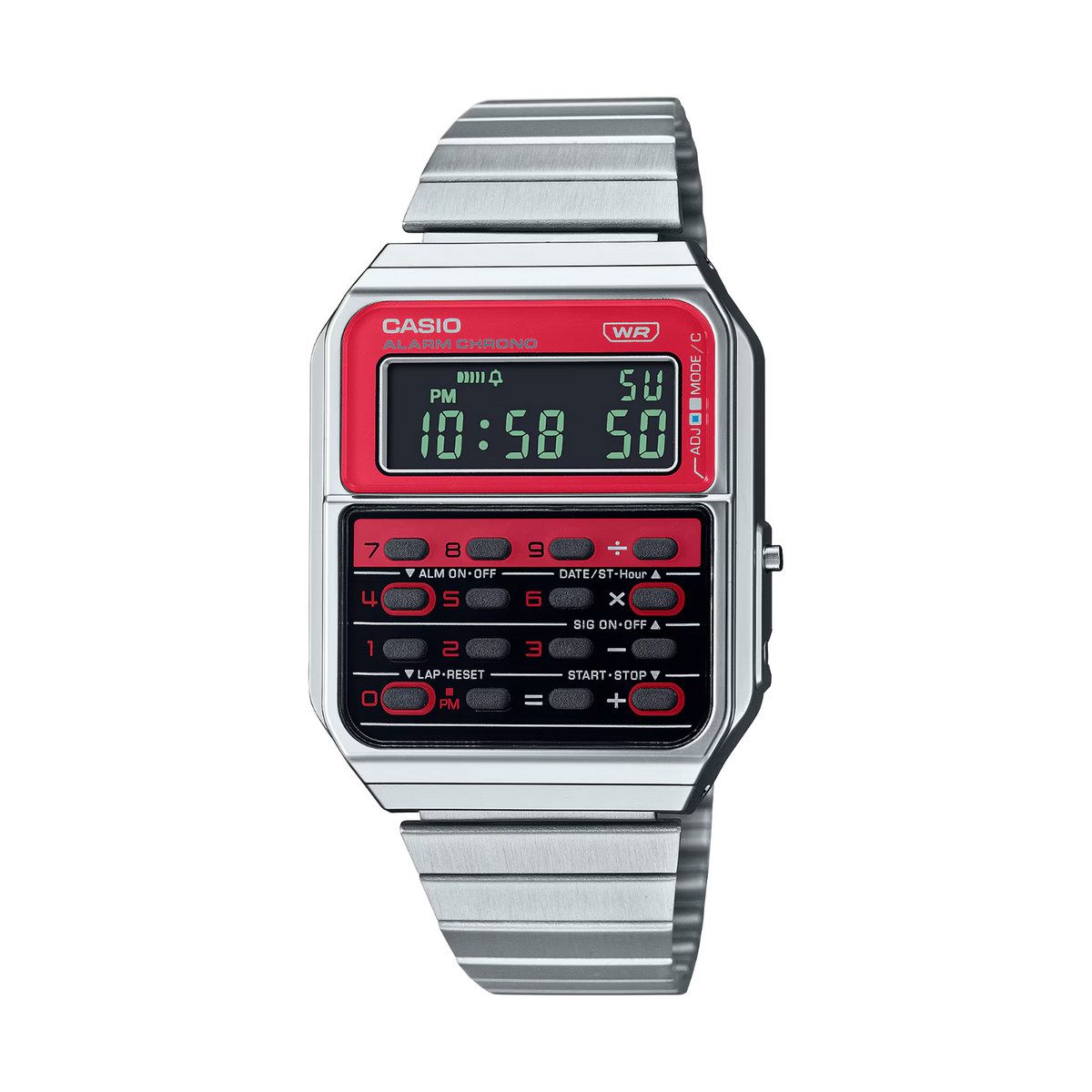 Casio digital watch with red display on a white background