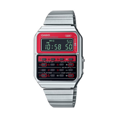 Casio digital watch with red display on a white background